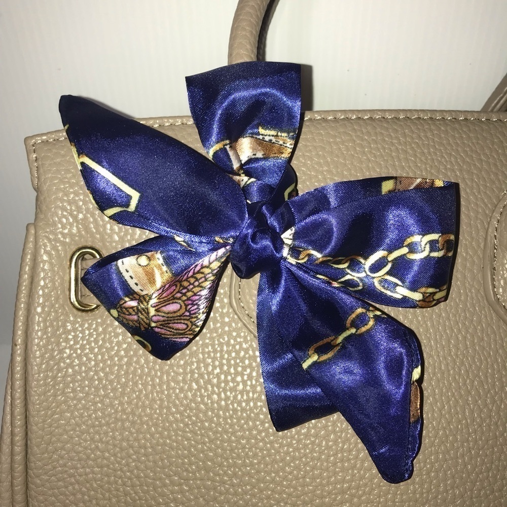Twilly Silk Handbag Headband Neck Tie Scarf. Blue Navy Gold Good pair w/ Dior